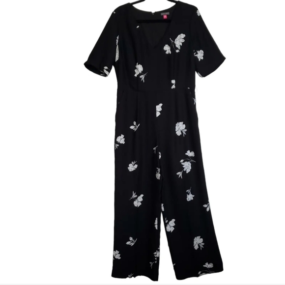 Vince Camuto Tossed Flowers Black White Floral printed Elbow Sleeve Jumpsuit 14 - Picture 7 of 15